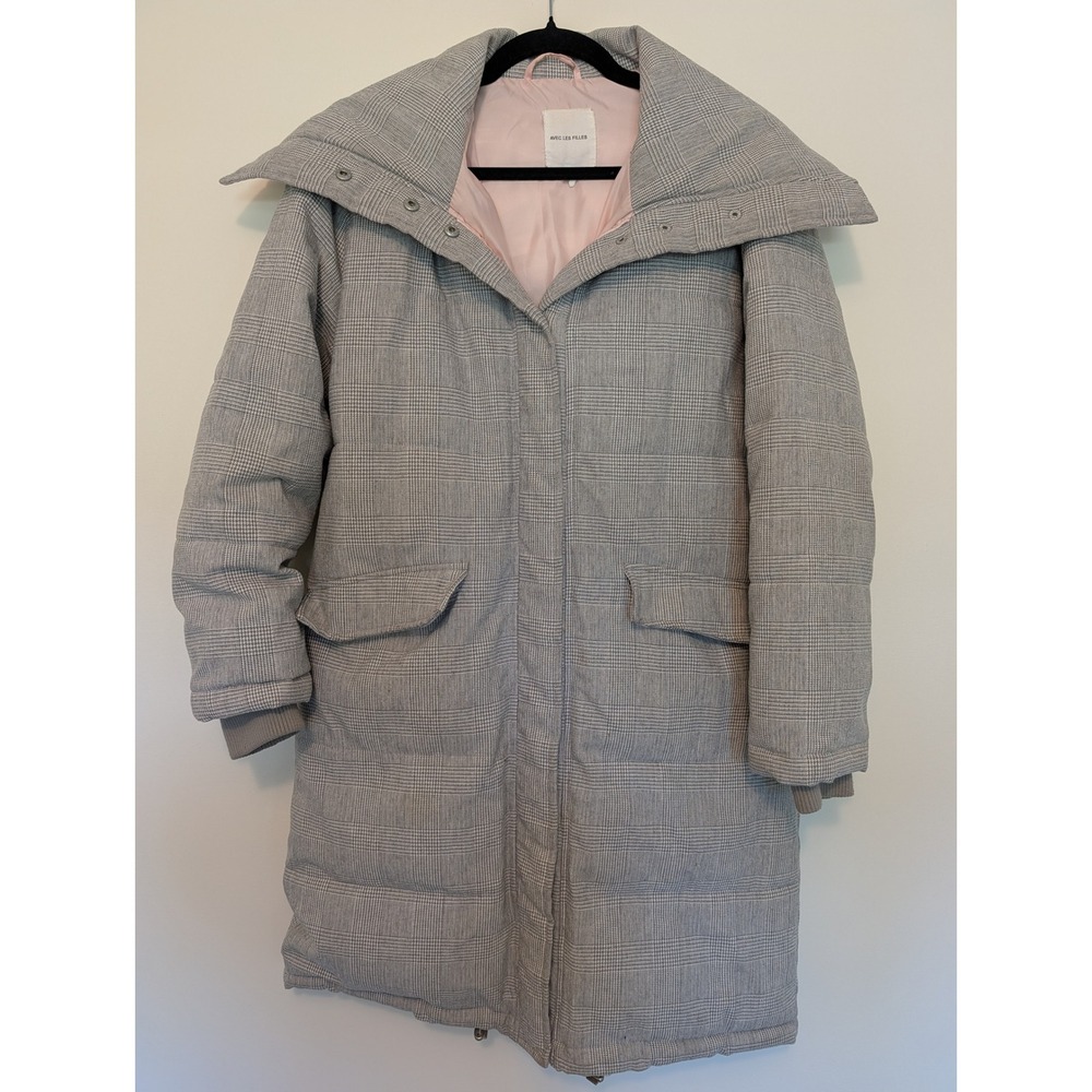 Avec Les Filles Glen Plaid Long Duvet Puffer Coat Jacket Gray Womens Size S